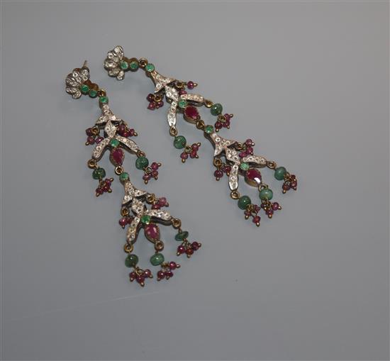 A pair of ornate Indian? 925 gilt white metal and multi gem set multi drop earrings, (lacking butterflies), 93mm.